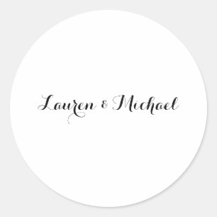 Pegatina Redonda Boda Elegante caligrafía Minimalista blanco negro