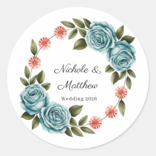 Pegatina Redonda Boda elegante con rosa azul verdoso y margarita na