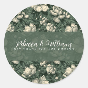 Pegatina Redonda Boda elegante con tema de gardenias verdes lujosas
