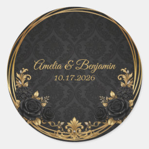 Pegatina Redonda Boda elegante Corona Real de Oro Negro