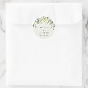 Pegatina Redonda Boda elegante crema Snowberry+Eucalipto