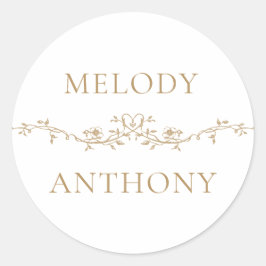 Pegatina Redonda Boda elegante de borde floral dorado