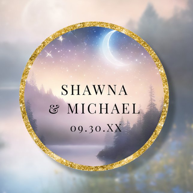 Pegatina Redonda Boda elegante de fantasía en el lago de la montaña (Subido por el creador)