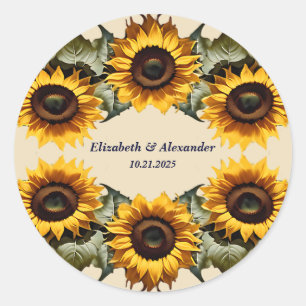 Pegatina Redonda boda elegante de girasol amarillo bonito
