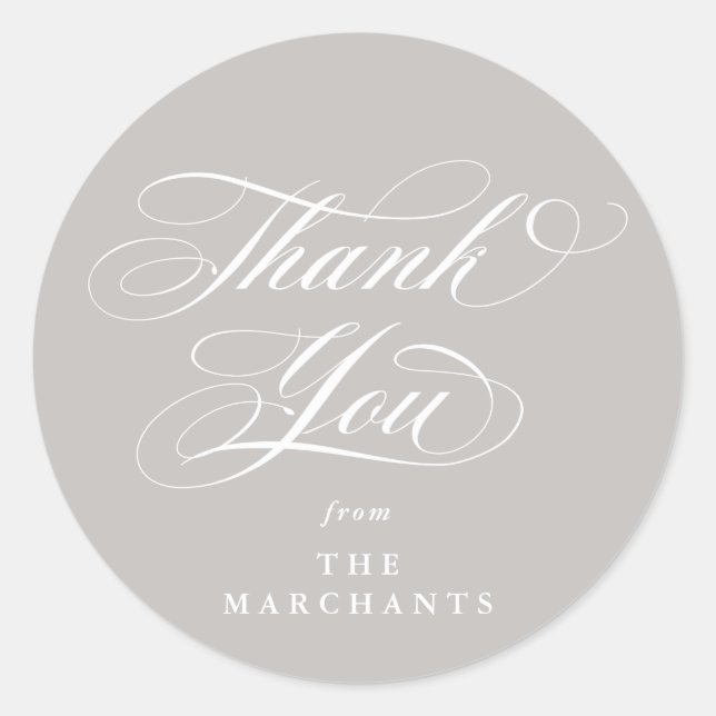 Pegatina Redonda Boda Elegante De Guión Latte/Beige Gracias (Anverso)