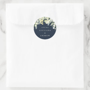Pegatina Redonda Boda elegante de Navy Snowberry + Eucalipto