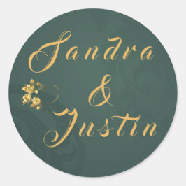 Pegatina Redonda Boda elegante de oro verde oscuro
