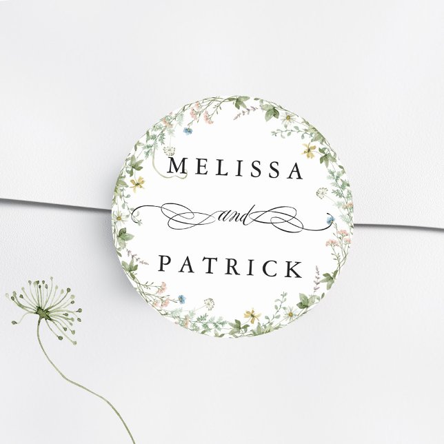Pegatina Redonda Boda elegante de Wreath Wildflower (Subido por el creador)