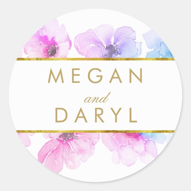 Pegatina Redonda Boda elegante dorada floral azul morado (Anverso)