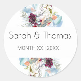 PEGATINA REDONDA BODA ELEGANTE EN BLANCO ROJO Y NARANJA FLORAL