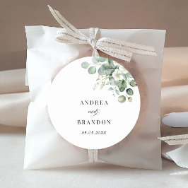 Pegatina Redonda Boda elegante floral Minimalista de Eucalipto blan