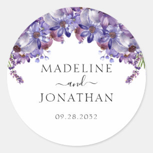 Pegatina Redonda Boda elegante Floral Purple Lavender Peonies