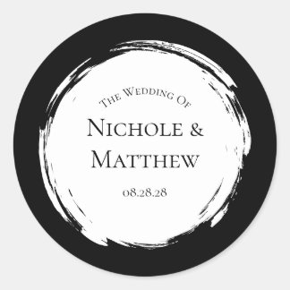 Pegatina Redonda Boda elegante Minimalista blanca y negra