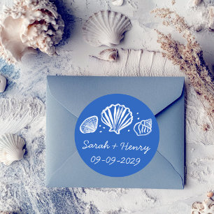 Pegatina Redonda Boda en la playa de conchas azul blanco PERSONALIZ
