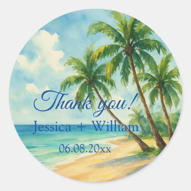 Pegatina Redonda Boda en la playa de Ocean Tropical Island Gracias (Anverso)