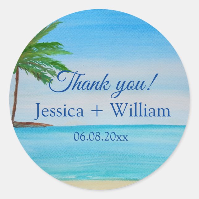 Pegatina Redonda Boda en la playa de Ocean Tropical Island Gracias (Anverso)