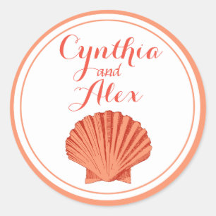 Pegatina Redonda Boda en la playa de Scallop Seashell   melocotón