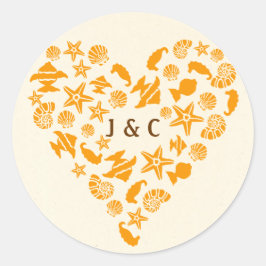 Pegatina Redonda Boda en la playa de verano con casco de mar y Star