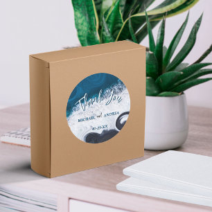 Pegatina Redonda Boda en la Playa Olas del Océano Gracias Agradecim