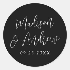 Pegatina Redonda Boda en negro y blanco con guión simple personaliz