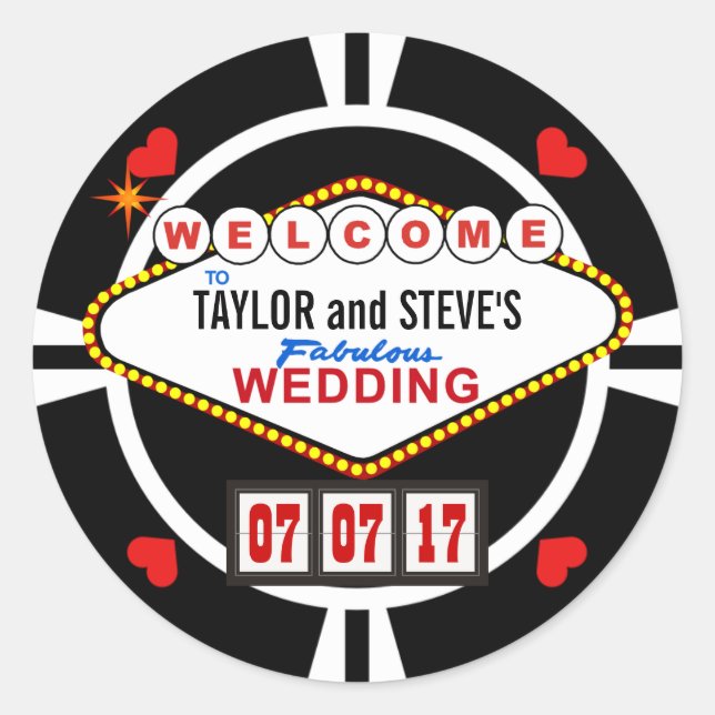 Pegatina Redonda Boda en Vegas Casino Favor Poker Chip (Anverso)