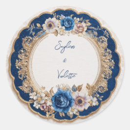 Pegatina Redonda Boda Escalonada de Oro Azul Zafiro Victoriano
