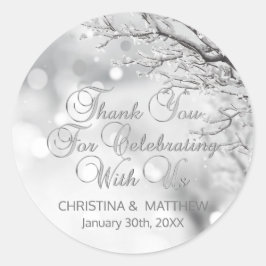 Pegatina Redonda Boda: Escena De Invierno Nieve Nieve Gracias