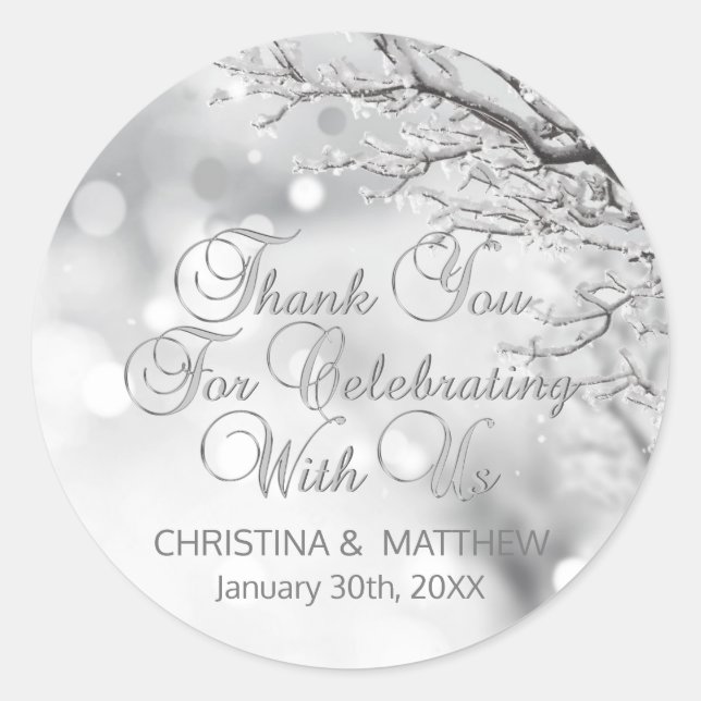 Pegatina Redonda Boda: Escena De Invierno Nieve Nieve Gracias (Anverso)