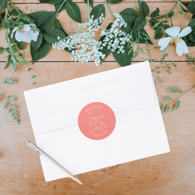 Pegatina Redonda Boda estilizada de coral Guardar la fecha (In Situ Wedding)