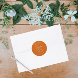 Pegatina Redonda Boda estilizada Naranja quemada Guardar la fecha