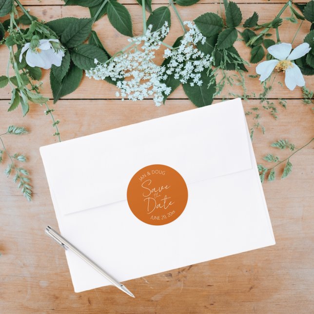 Pegatina Redonda Boda estilizada Naranja quemada Guardar la fecha (In Situ Wedding)