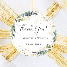 Pegatina Redonda Boda eucalipto verde purpurina gracias