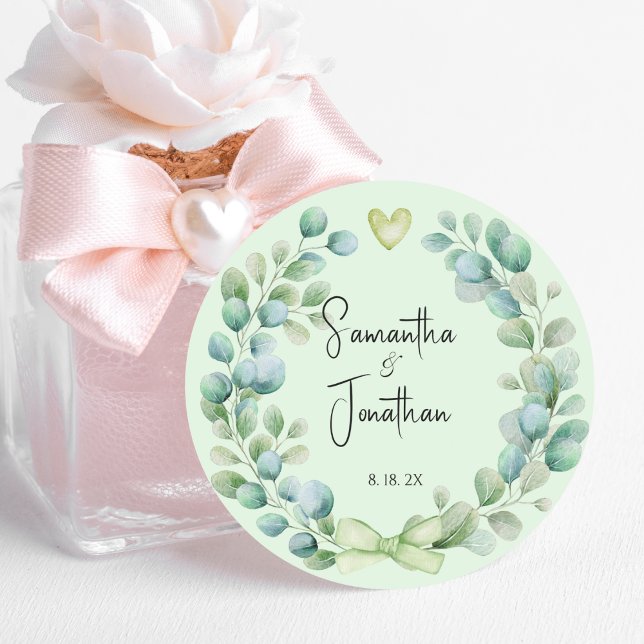 Pegatina Redonda Boda Eucalyptus Green Bride Groom (Subido por el creador)
