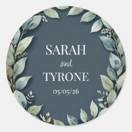 Pegatina Redonda BODA EUCALYPTUS texto personalizado de VIOLACIÓN