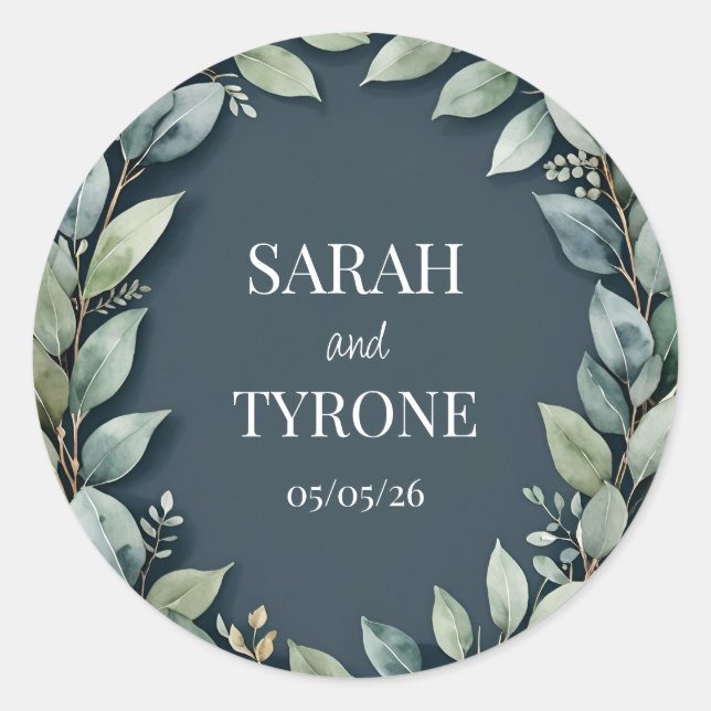 Pegatina Redonda BODA EUCALYPTUS texto personalizado de VIOLACIÓN (Anverso)