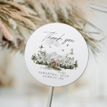 Pegatina Redonda Boda Evergreen de Boho Evergreen<br><div class="desc">Pegatina de Ronda Clásica del Boda Rústico Bosque de Montaña Boho Evergreen</div>