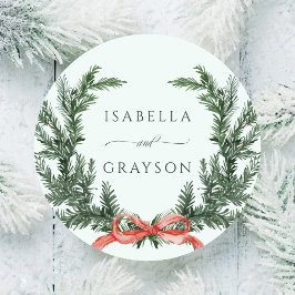 Pegatina Redonda Boda Evergreen Pine Wreath Mint Green