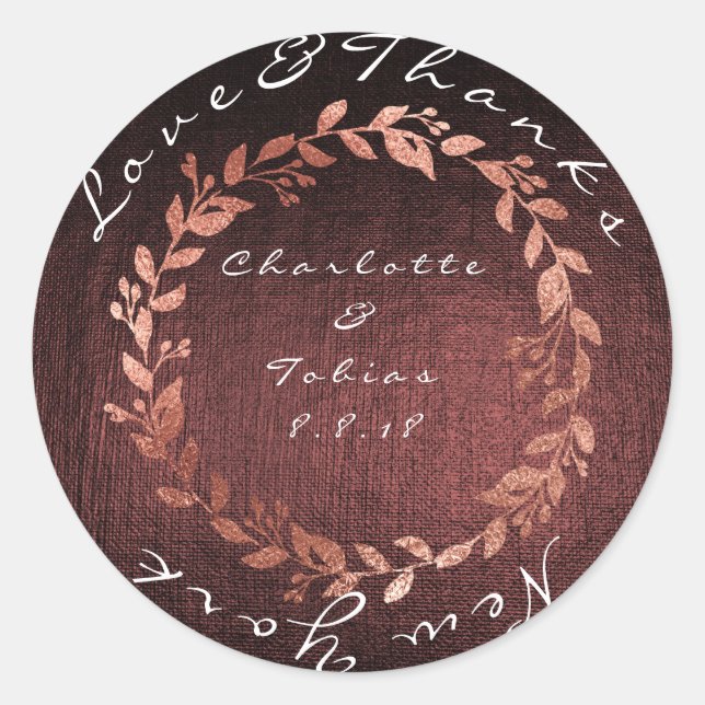 Pegatina Redonda Boda falso rosa gracias a marrón de Borgoña metáli (Anverso)