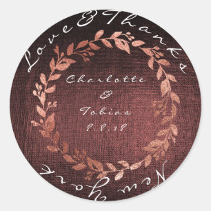 Pegatina Redonda Boda falso rosa gracias a marrón de Borgoña metáli