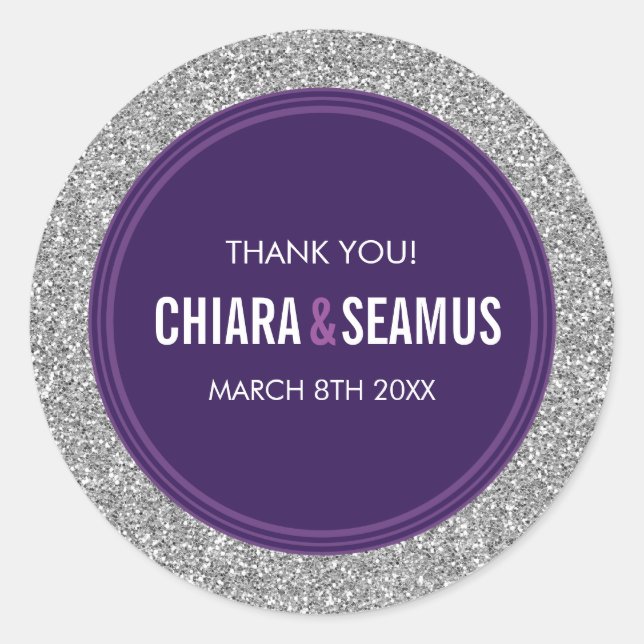 Pegatina Redonda BODA FAVOR purpurina plateado simple moderno púrpu (Anverso)