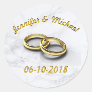 Pegatina Redonda Boda Fecha Bride y Groom Personalizable Anillos de