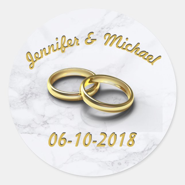 Pegatina Redonda Boda Fecha Bride y Groom Personalizable Anillos de (Anverso)