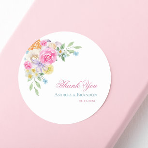 Pegatina Redonda Boda Fiesta de té del jardín floral rosado Gracias