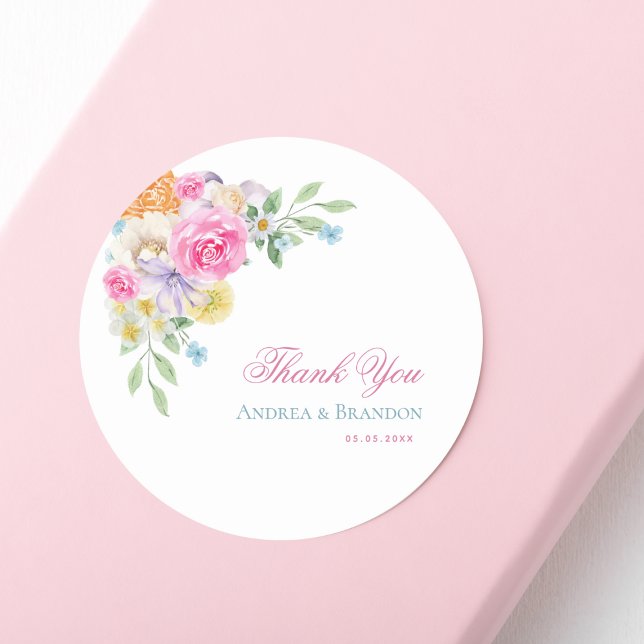 Pegatina Redonda Boda Fiesta de té del jardín floral rosado Gracias (Subido por el creador)