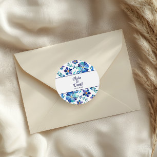 Pegatina Redonda Boda Fiesta Floral Azul y Blanco