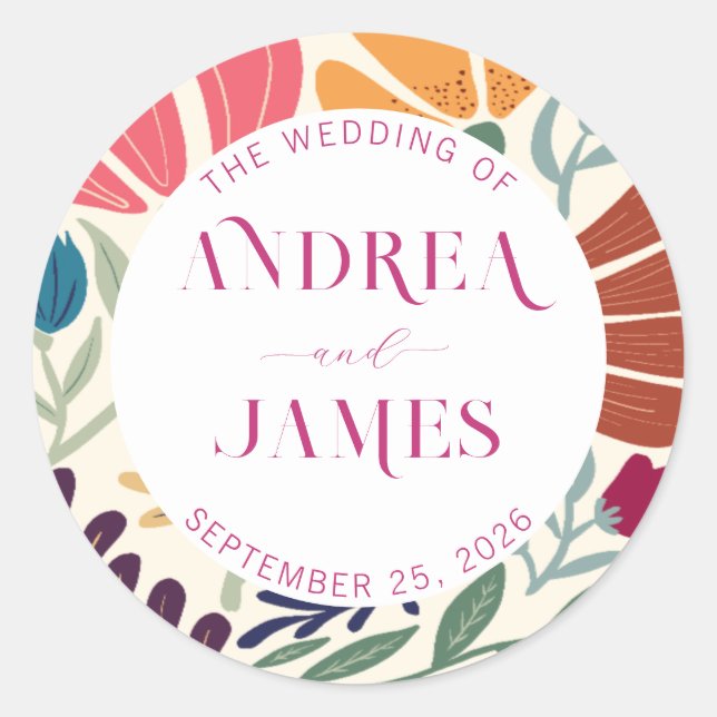 Pegatina Redonda Boda floral abstracta de flores silvestres de colo (Anverso)