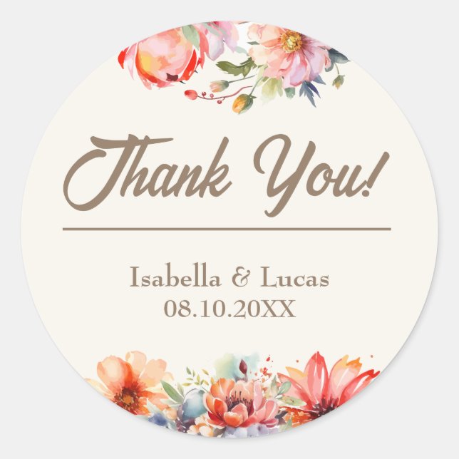 Pegatina Redonda Boda floral acuarela (Anverso)