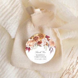 Pegatina Redonda Boda floral acuarela de color rojo borgoña