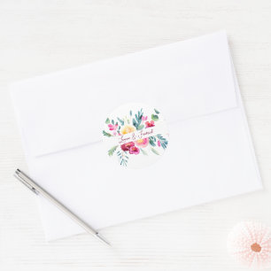 Pegatina Redonda Boda floral acuarela personalizada rosa y fucsia