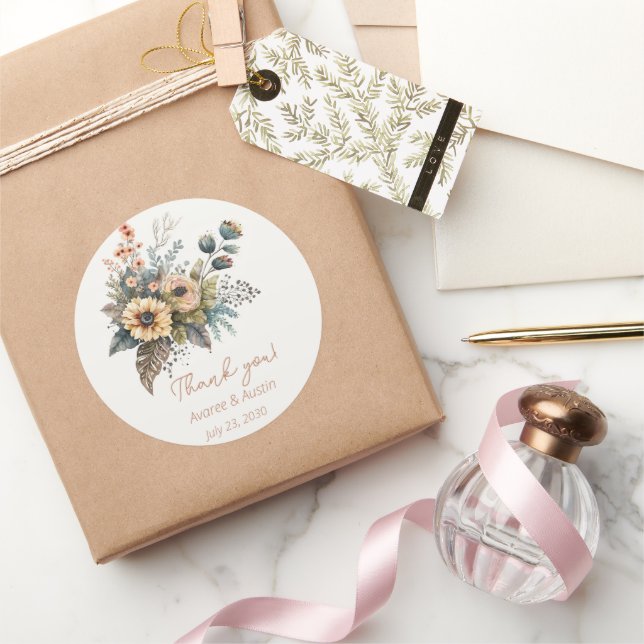 Pegatina Redonda Boda floral amarillo y rosa gracias (Regalar)